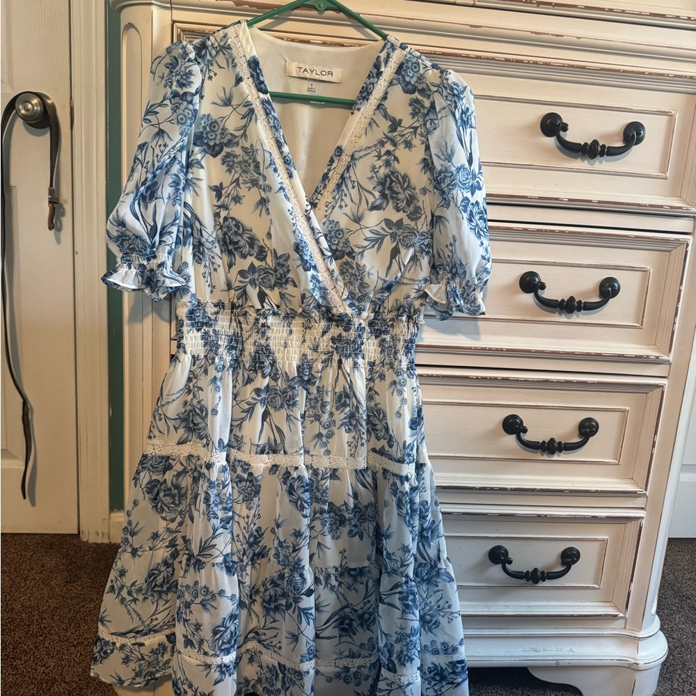 Taylor Blue and White Floral Wrap Midi Dress